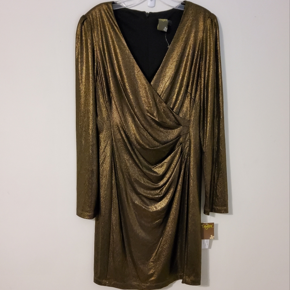 Taylor Gold Brown With 3/4 Long Sleeve Surplice Sheath Midi Dress